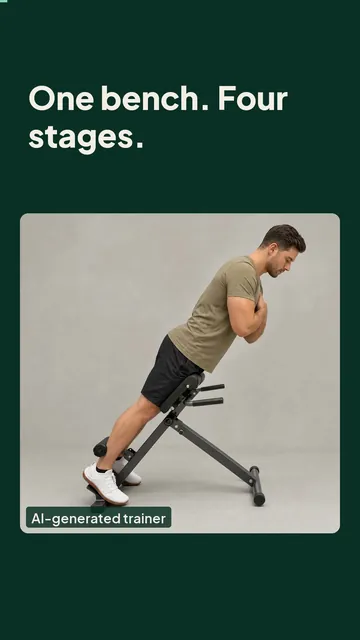 Poster for the Short “One bench. Four stages.”: an AI-generated trainer on a 45-degree back-extension bench.