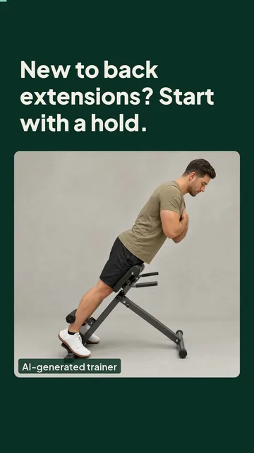 Poster for the Short “New to back extensions? Start with a hold.”: an AI-generated trainer on a 45-degree back-extension bench.